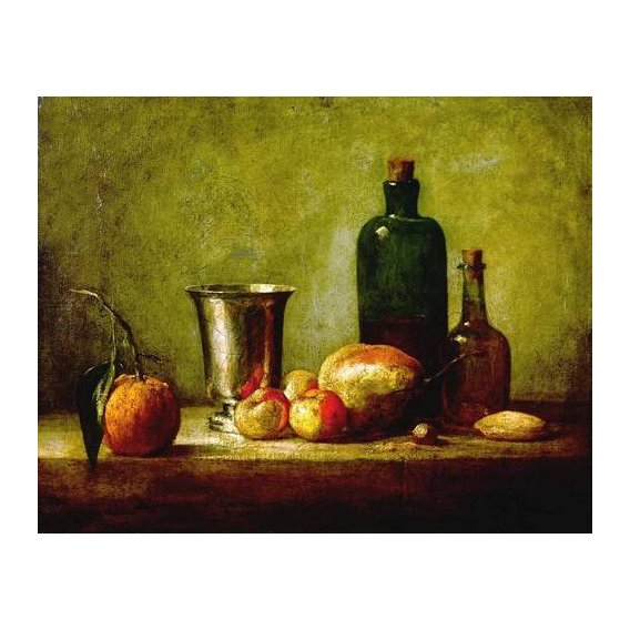 naturezas mortas - Quadro -Cubilete de plata, fruta y botellas-