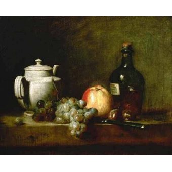  - Tableau -Tetera blanca, uvas, castañas, cuchillo y botellas-, Jean Bapt. Simeon Chardin - Chardin, Jean Bapt. Simeon