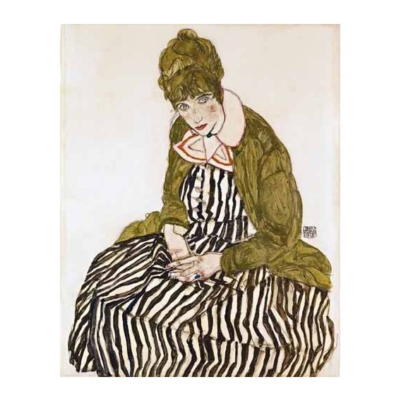 pinturas do retrato - Quadro -Edith Schiele in Striped Dress, Seated, 1915-