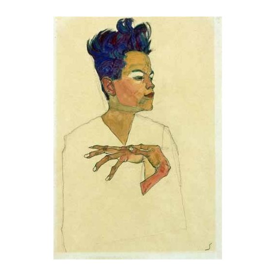 pinturas do retrato - Quadro -Self-Portrait with Hands on Chest, 1910-
