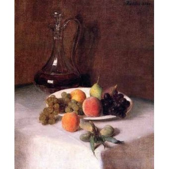  - Tableau -Jarra de vino y plato de frutas sobre mantel blanco-, Henri Fantin Latour - Fantin Latour, Henri
