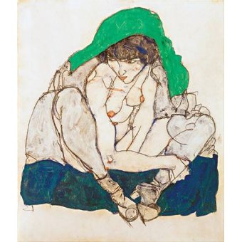 Tableaux de Nus - Tableau -Crouching Woman with Green Headscarf, 1914-, Egon Schiele - Schiele, Egon