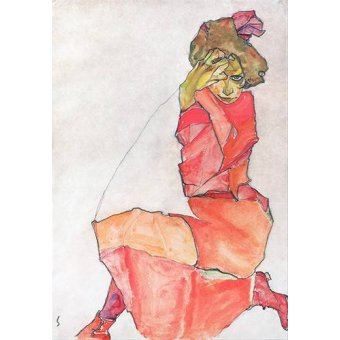 Tableaux de Portraits - Tableau -Kneeling Female in Orange-Red_Dress, 1910-, Egon Schiele - Schiele, Egon
