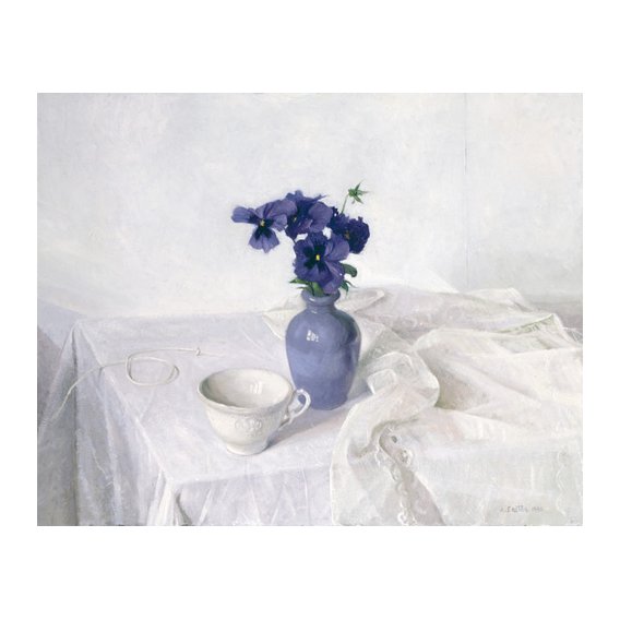 Tableau -Pansies in a Blue Vase, Still Life, 1990-