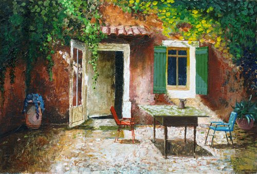 tableaux-de-paysages - Tableau -French Patio, 2006 (oil on board) -, Trevor Neal - Neal, Trevor