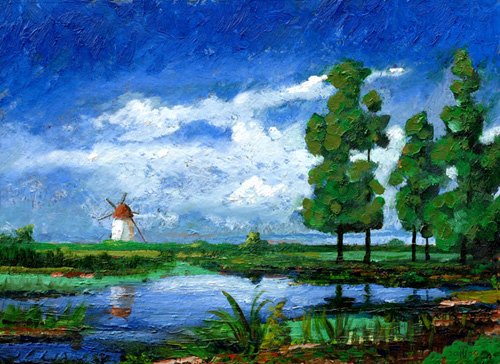 tableaux-de-paysages - Tableau  -Windmill, Holland, 2006 (oil on board)-, Trevor Neal - Neal, Trevor