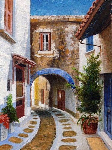 tableaux-de-paysages - Tableau  -Lefkimi, Corfu, 2006 (oil on board)-, Trevor Neal - Neal, Trevor