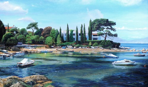 tableaux-de-paysages - Tableau  -Villa and Boats, South of France -, Trevor Neal - Neal, Trevor