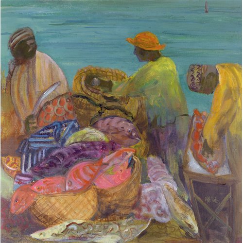 Tableau - Sorting the Catch, Zanzibar (oil on canvas) -, Kate Yates