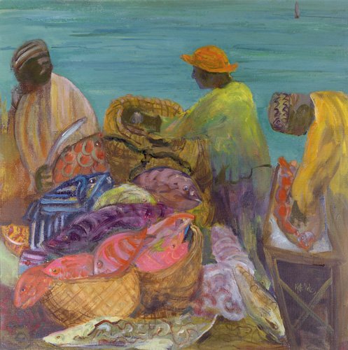 tableaux-orientaux - Tableau - Sorting the Catch, Zanzibar (oil on canvas) -, Kate Yates - Yates, Kate