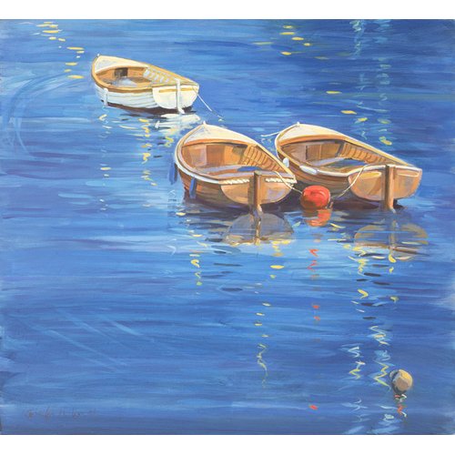 Tableau - Moored Dinghies, 1998 (oil on board) -, Jennifer Wright