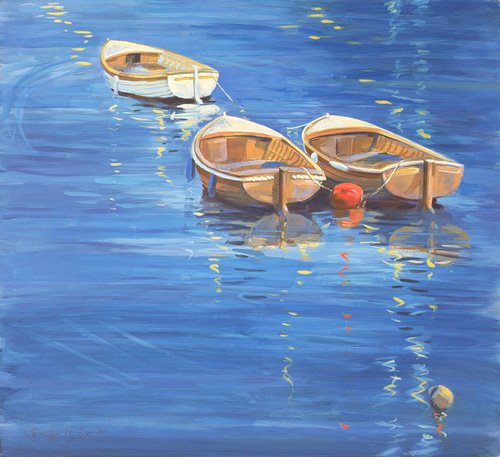 tableaux-de-marines - Tableau - Moored Dinghies, 1998 (oil on board) -, Jennifer Wright - Wright, Jennifer