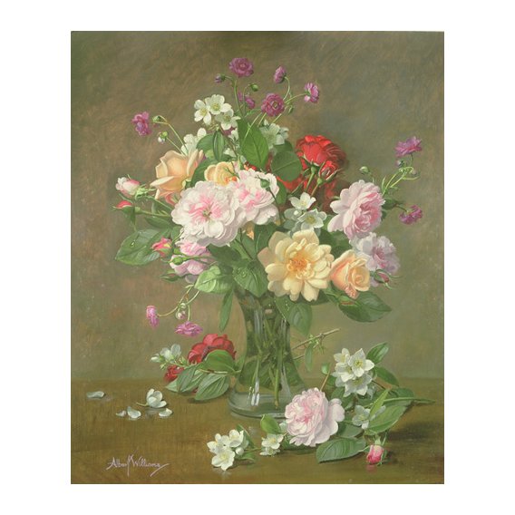 Tableau - Roses and Gardenias in a glass vase (oil on canvas) -