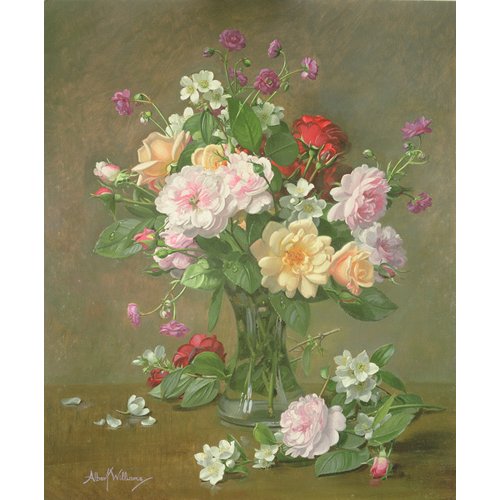 Tableau - Roses and Gardenias in a glass vase (oil on canvas) -