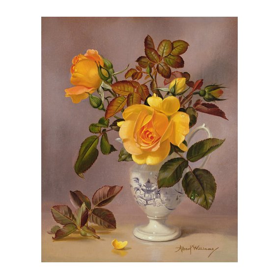 Tableau - Orange Roses in a blue and white jug (oil on canvas) -