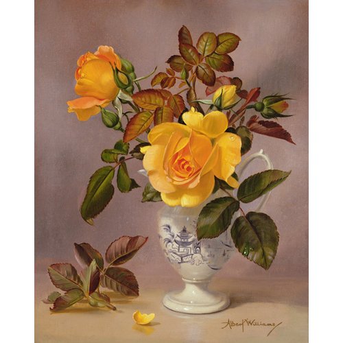 Tableau - Orange Roses in a blue and white jug (oil on canvas) -