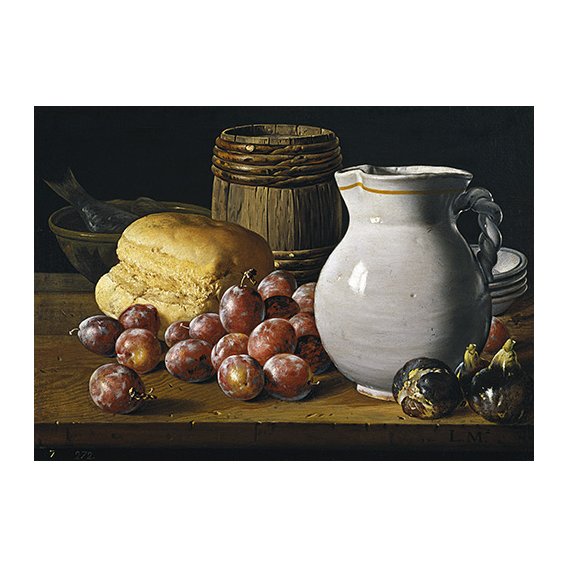 Tableau -Nature morte aux prunes, figues, pain, cruche et autres-
