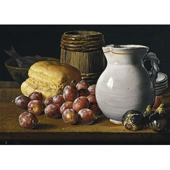 Tableau -Nature morte aux prunes, figues, pain, cruche et autres-, Luis Melendez