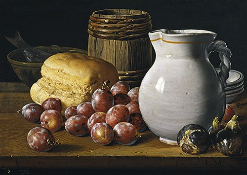 tableaux-natures-mortes - Tableau -Nature morte aux prunes, figues, pain, cruche et autres-, Luis Melendez - Melendez, Luis