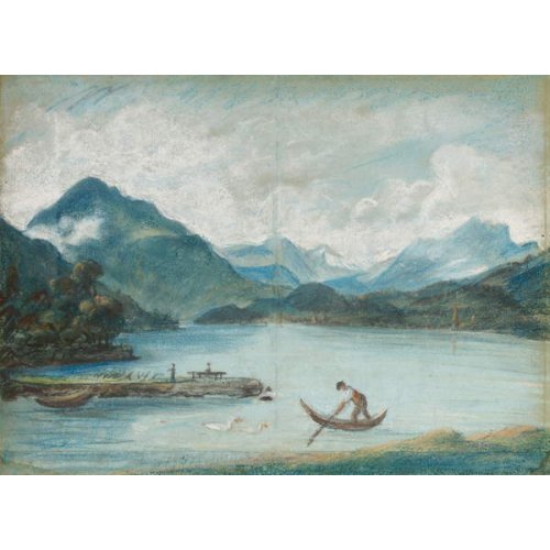Tableau -Vue sur le lac Léman avec un homme ramant un petit bateau et deux cygnes, - Élisabeth Louise Vigée-Le Brun