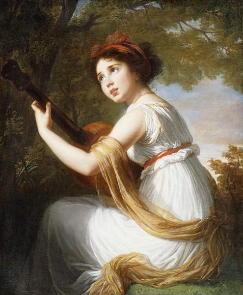 tableaux-pour-salon - Tableau -Portrait de la fille de l'artiste, assise de trois quarts, jouant de la guitare, vers 1797 - Élisabeth Louise Vigée-Le Brun