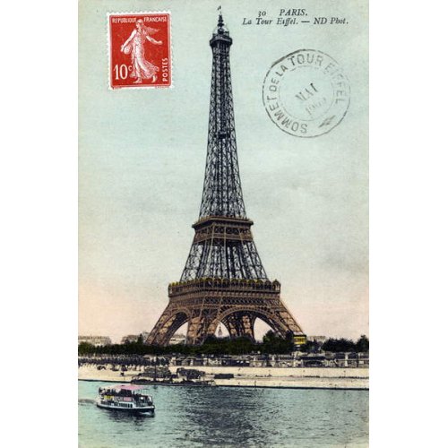 La Tour Eiffel à côté de la Seine à Paris. Timbre avec le cachet de la poste de 1909