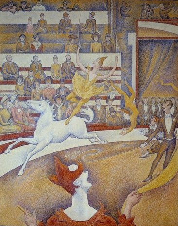 tableaux-pour-couloir - Le Cirque, Une écuyère, un cheval, un clown et des acrobates, 1891,  Seurat, Georges Pierre - BRIDGEMAN IMAGES