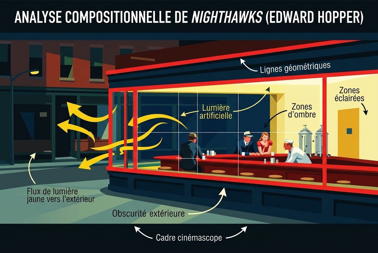 Analyse de Nighthawks d'Edward Hopper : une scène urbaine nocturne dans un restaurant éclairé, silhouettes, éclairage artificiel et zones d’ombre. edward hopper nighthawks analyse