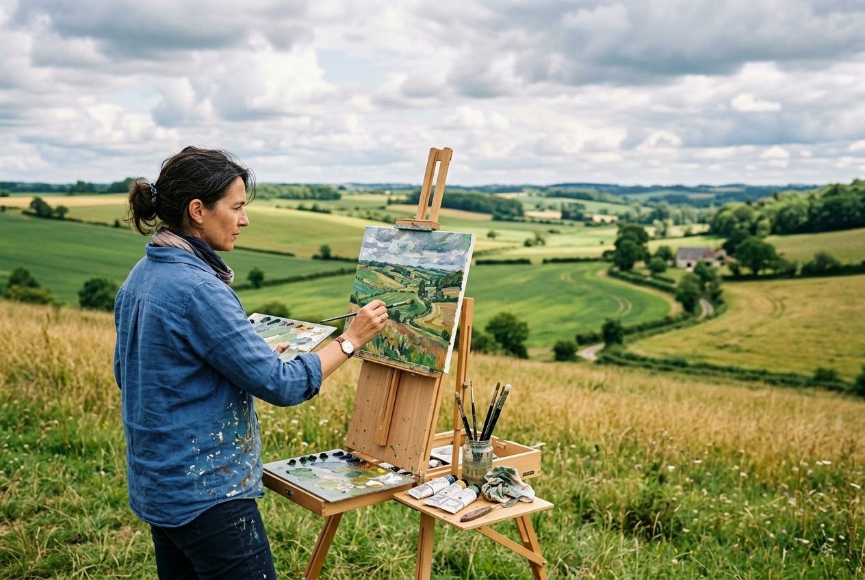 Artiste peintre en plein air sur une colline, peignant une scène champêtre sur une toile, avec chevalet et matériel de peinture. technique peinture impressionniste intégrée naturellement.