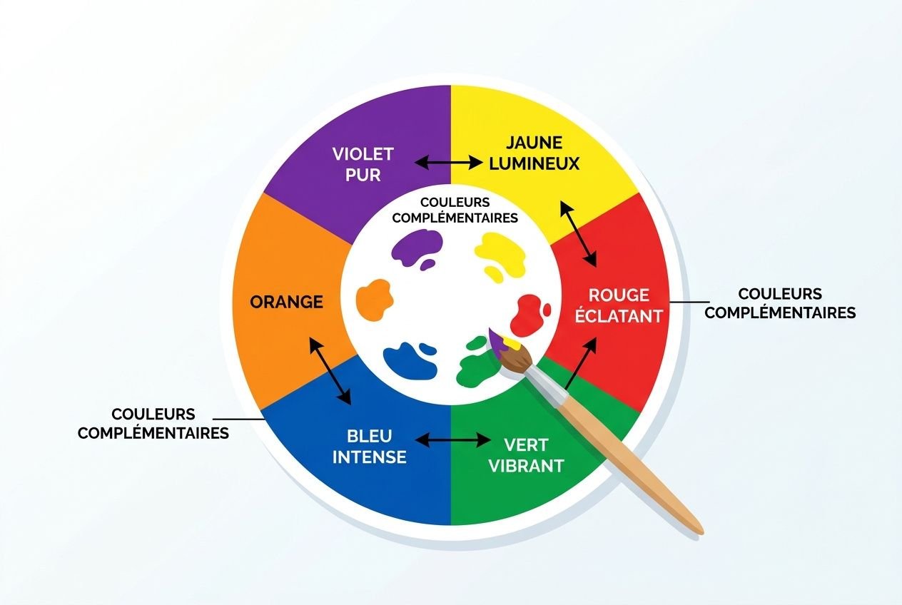 Diagramme circulaire des couleurs en peinture: roue chromatique avec pinceau montrant les couleurs complémentaires et primaires. texte: technique peinture impressionniste intégrée de façon fluide.