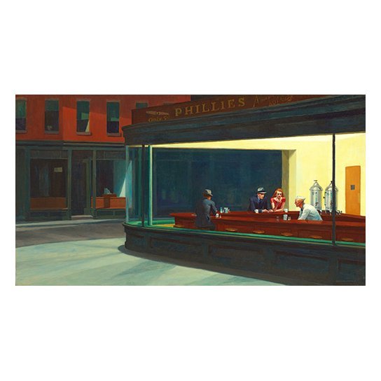 Edward hopper reproductions toile : scène nocturne d’un stand lumineux en vitrine avec clients assis au bar et personnages en arrière-plan.