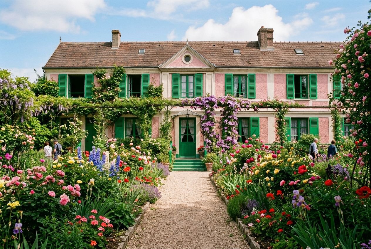 Jardin fleuri menant à une maison de style traditionnel à volets verts, près de Monet jardins de giverny histoire, avec vigne et parterres colorés.