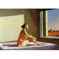 Jeune femme assise sur le rebord d’une baignoire, vue intérieure, lumière naturelle et paysages urbains par la fenêtre. le style de peinture d'edward hopper