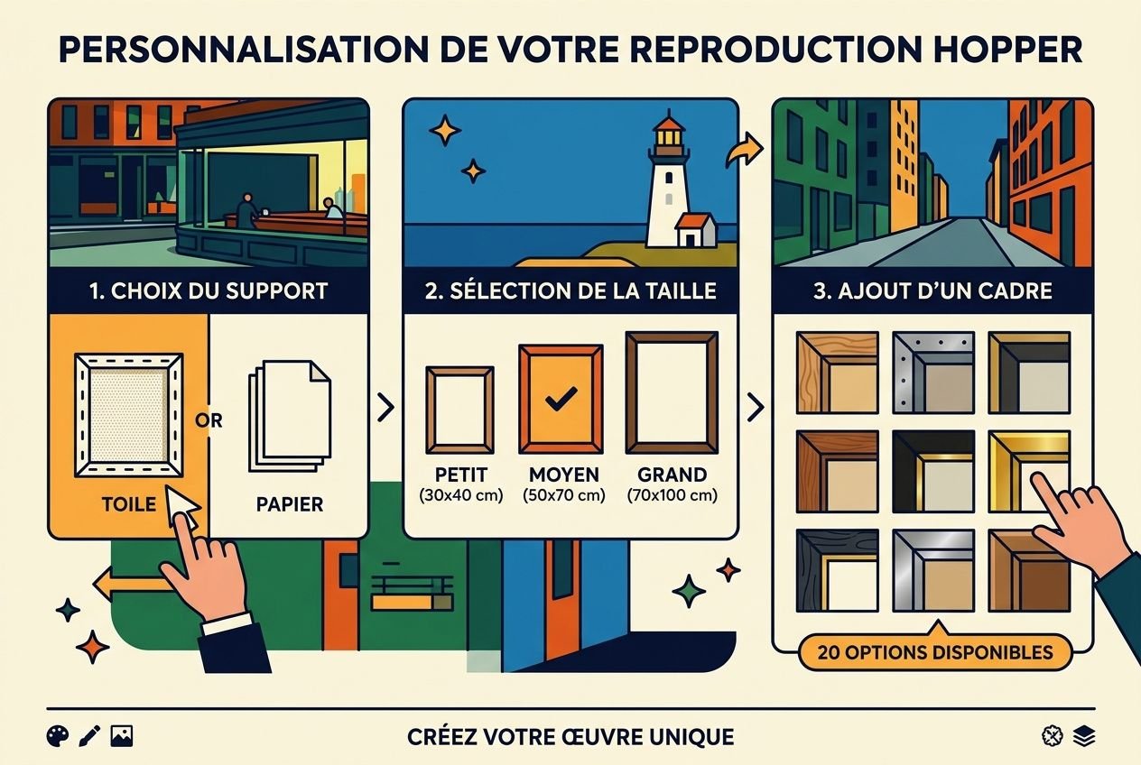 Personnalisation de votre reproduction Hopper : choix du support, sélection de la taille et ajout d’un cadre pour créer votre œuvre edward hopper reproductions toile sur mesure.