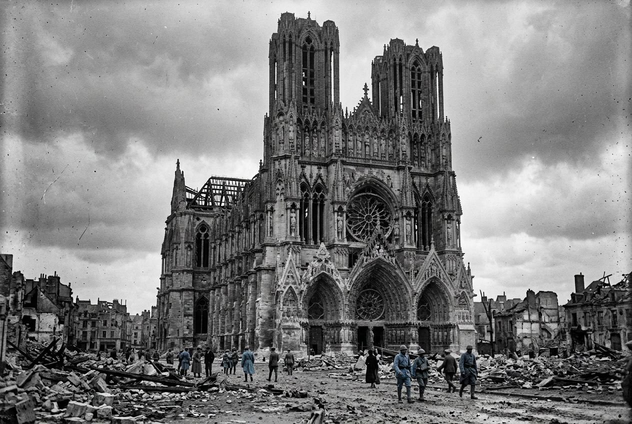 Ruines de la cathédrale de Reims après bombardement, avec des débris et des personnes en dehors du bâtiment, évoquant Monet cathédrale de Reims.