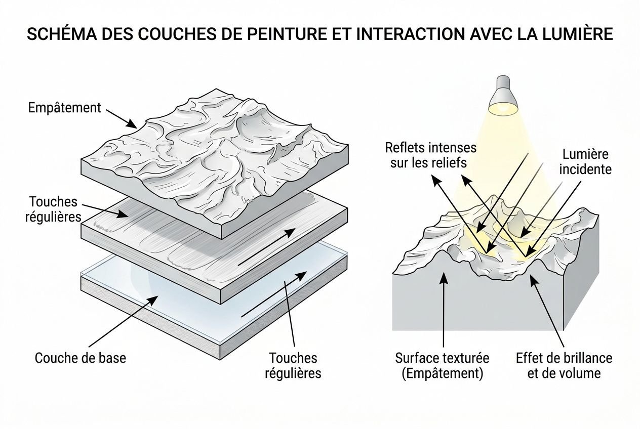 Schéma des couches de peinture et interaction avec la lumière: empâtement sur couche de base, touches régulières, surface texturée et reflets sous une lumière incidente, illustrant l’effet de brillance et de volume. Technique peinture impressionniste intégrée.