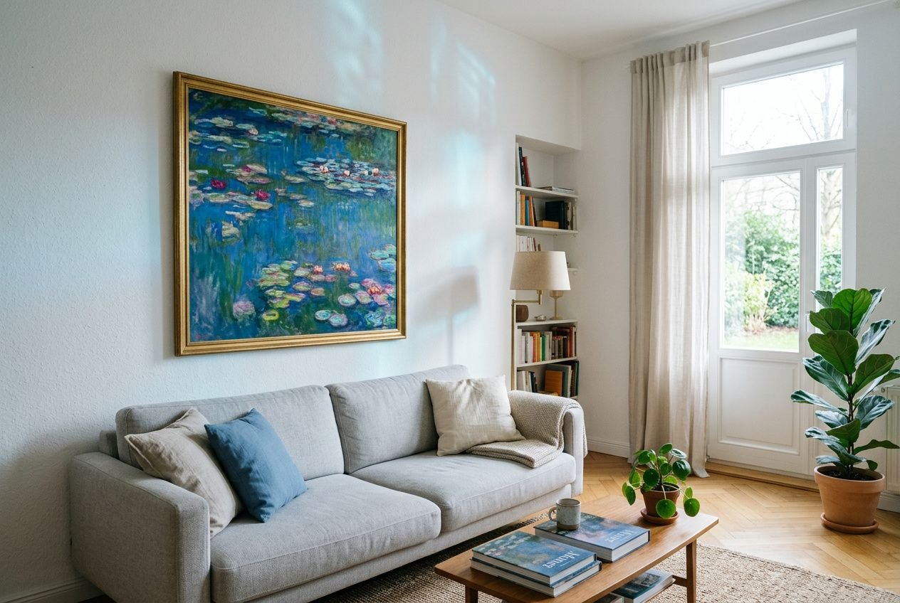 Tableau célèbre de Monet dans un salon lumineux, sur un canapé gris avec plantes et livres, style intérieur calme. Meilleurs tableaux Monet à accrocher.